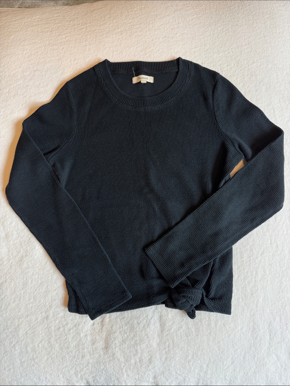Madewell Black Ribbed Crewneck Knit Sweater with Front Tie